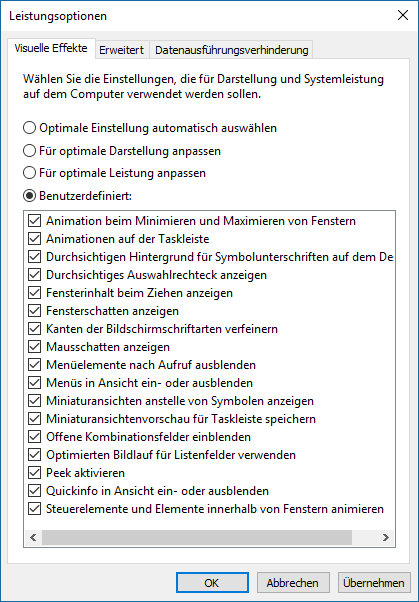 Leistungsoptionen in Windows 10